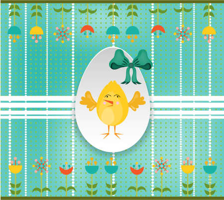 Colorful card with huge, hanging egg with chickenのイラスト素材