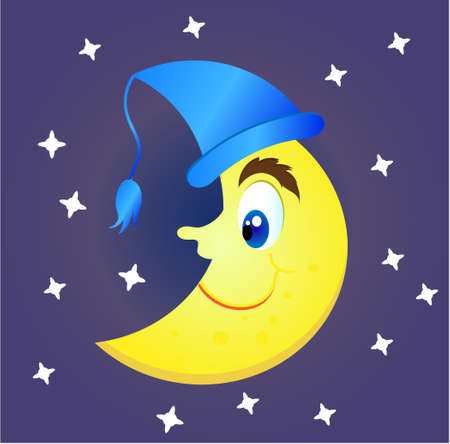 Beautiful, yellow moon on blue backdrop with starsのイラスト素材
