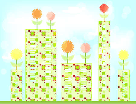 Spring card with flowers, modern buildings and blue sky with cloudsのイラスト素材