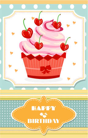 Birthday card with huge cupcake, text Happy Birthdayのイラスト素材