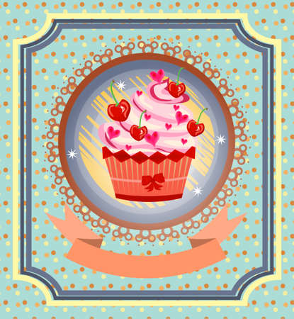 Huge cupcake with pink cream, cherries, heartsのイラスト素材