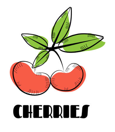 Vintage, isolated icon of red cherries with leavesのイラスト素材