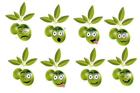 Funny set of olives with leaves and faceのイラスト素材