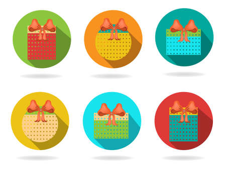 Set of six isolated, flat, colorful buttons, icons with giftのイラスト素材
