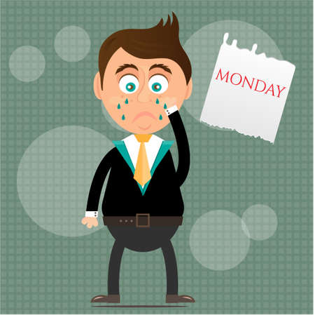 Sad, crying, young, standing, man with tears, piece of paper with text Monday, gray background with patternのイラスト素材