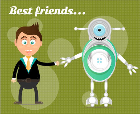 Smiling, happy, young, standing, man with modern robot, text Best Friends, green background with patternのイラスト素材