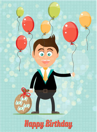 Birthday card with smiling man with money, colorful, flying balloons, text Happy Birthday, blue background with pattern and lightsのイラスト素材