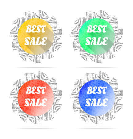 Group of four round, colorful labels, signs with text, long shadowsのイラスト素材