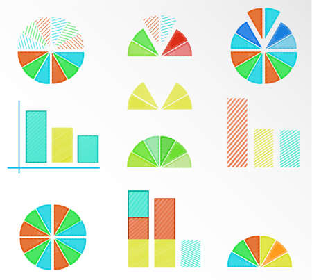 Set, collection of colorful pie charts, diagrams, white backgroundのイラスト素材