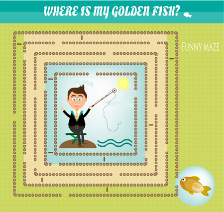 Funny maze, labyrinth - with fishing, smiling businessman and golden fishのイラスト素材