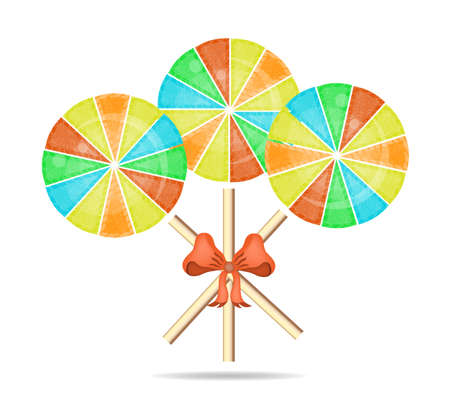 Three colorful, round, isolated lollipops with red bow and patternのイラスト素材