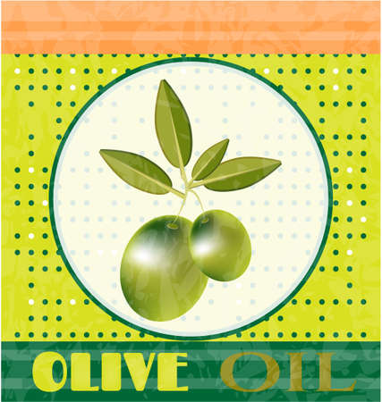 Vintage card with green twig with olives and leaves, text Olive Oil, dotted background, retro designのイラスト素材