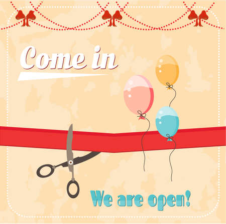 Vintage, advertising card - scissor cutting red ribbon, text Come in, We are open, red bows, flying balloons, retro designのイラスト素材
