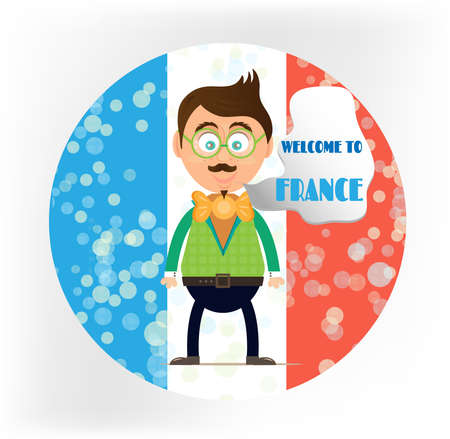 Round sign - french flag with young, smiling man, text Welcome in France, white backgroundのイラスト素材