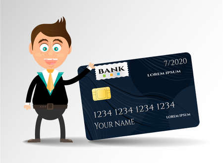 Realistic, isolated dark credit card with pattern and smiling businessmanのイラスト素材