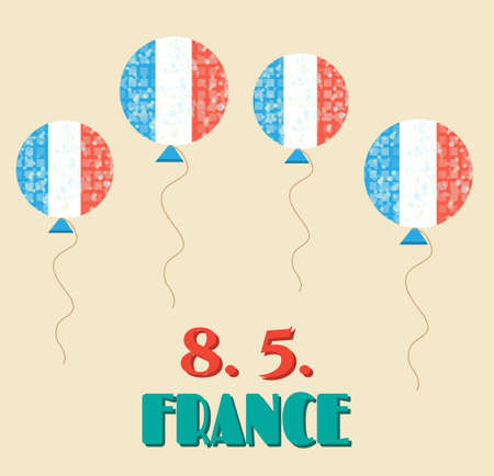 Vintage card with flying balloons - french flag, celebrate 8 May - 8.5. - victory day in France - Fete de la Victoire, retro designのイラスト素材