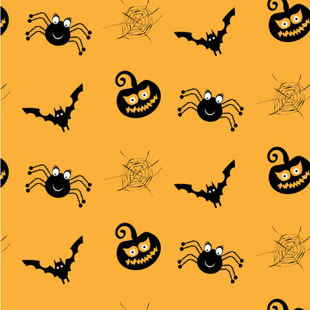 One halloween, simple, seamless pattern with black spiders, smiling pumkins, bats, spider webs, orange backgroundのイラスト素材
