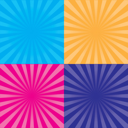 Set of four sunburst backgrounds in different colors.のイラスト素材