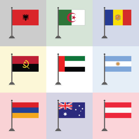 Set of 9 flags of the world. Flat design. Vector illustrationのイラスト素材