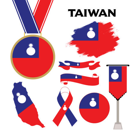 set of icons with map and flag of Taiwan on a white backgroundのイラスト素材