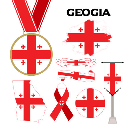 Vector set of Georgia flag in medal, ribbon, badge, icon. Georgia flag isolated on a white background.のイラスト素材