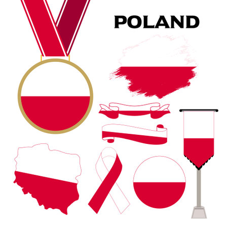 Poland flag set, badges, ribbons, icons, vector illustrationのイラスト素材