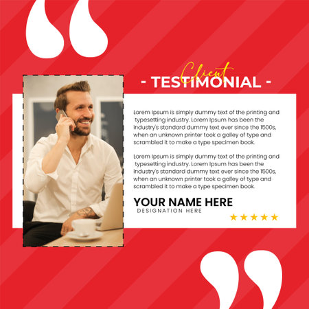 Cheerful young businessman talking on the phone and drinking coffee. Testimonial Designのイラスト素材