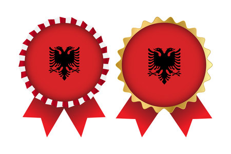 Albania badges with ribbons in red and gold colors. Vector illustration.のイラスト素材