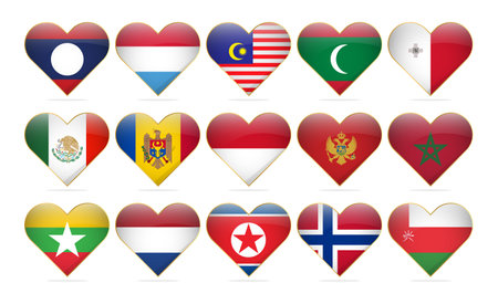 A set of heart shaped icons with flags of the world. Vector illustration.のイラスト素材