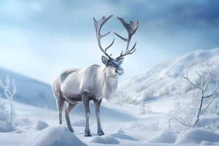 Wild reindeer with antlers on snowy field in winter, Herd of Reindeer, Reindeer sleigh-Ai Generatedの素材