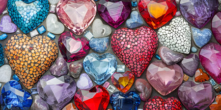 Colorful heart shaped gems on the wall. Valentine's day background.の素材