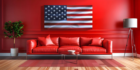Interior of stylish living room with USA flag Background - Ai Generatedの素材