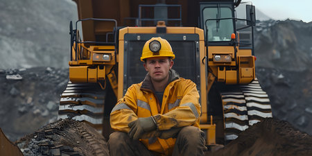Mining worker posing in front of large dozer background - Ai Generatedの素材