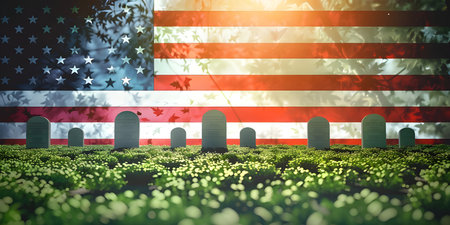 National Cemetery with American flag background - Ai Generatedの素材
