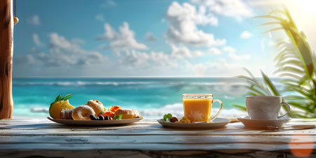 Luxury tourist resort breakfast in hotel room with ocean view background - Ai Generatedの素材