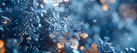 Winter Snowflakes Emitting Blue Light in winter backgroundの素材