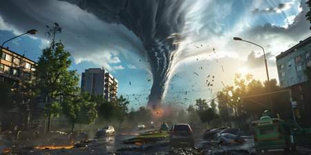 Powerful tornado in city background - Ai Generatedの素材