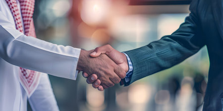 Saudi business man in traditional kandoor with his business partner shaking hands background - Ai Generatedの素材