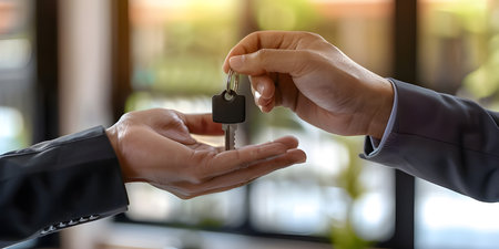 Realtor is giving the keys to an apartment to clients real estate concept background - Ai Generatedの素材