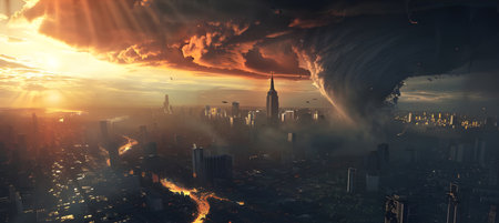 Powerful tornado in city background - Ai Generatedの素材