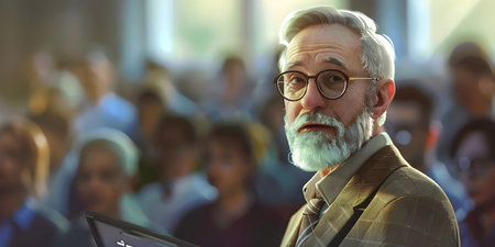 Professor teaching in classroom in front of blur students background - Ai Generatedの素材