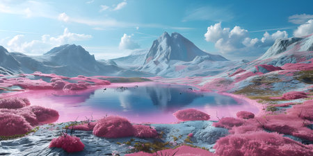 Pink lake with the incredible natural landscape background - Ai Generatedの素材