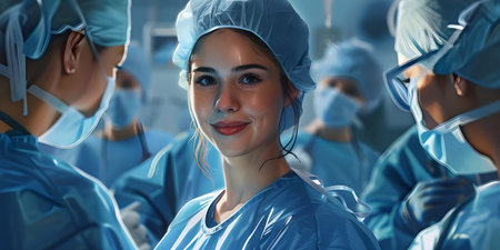 Portrait of young nurse in surgical department in happy mode background - Ai Generatedの素材