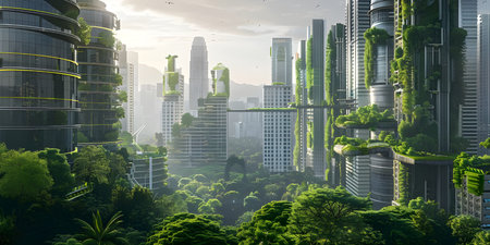Innovative Green Architecture with Dense Plant Life on Skyscraper background - Ai Generatedの素材
