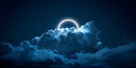 Neon Halo: Illuminated Clouds on a Midnight Sky, Night Glow: Neon Rings Illuminating Dark Clouds-Ai-generatedの素材