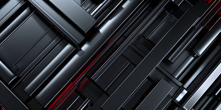 Abstract Geometric Background with Metallic Lines on Black, Black Cyber Geometric Background with Abstract Metallic Lines - Ai Generatedの素材