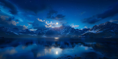 Sky Beauty Of The Nature with Mountains, River, Moon Background - Ai Generatedの素材