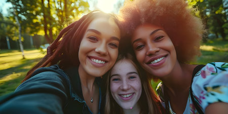 Best friends taking selfie outdoor Background, International Friendship Day - Ai Generatedの素材