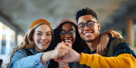 Smiling friends joining hands together Background, International Friendship Day - Ai Generatedの素材