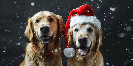Dogs celebrating Christmas holidays wearing a red Santa Claus hat background, Happy Christmas Day - Ai Generatedの素材